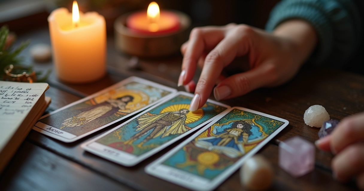 Três cartas de tarot abertas sobre mesa com cristais 