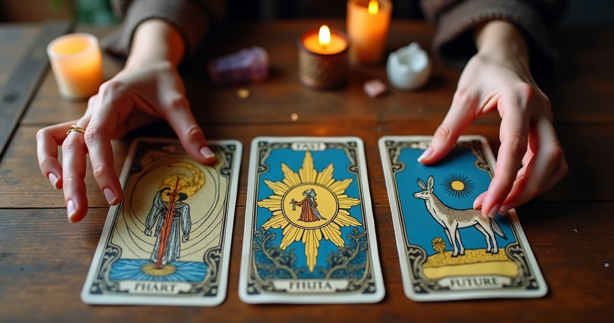 Cartas de tarot dispostas em linha mostrando passado, presente e futuro 