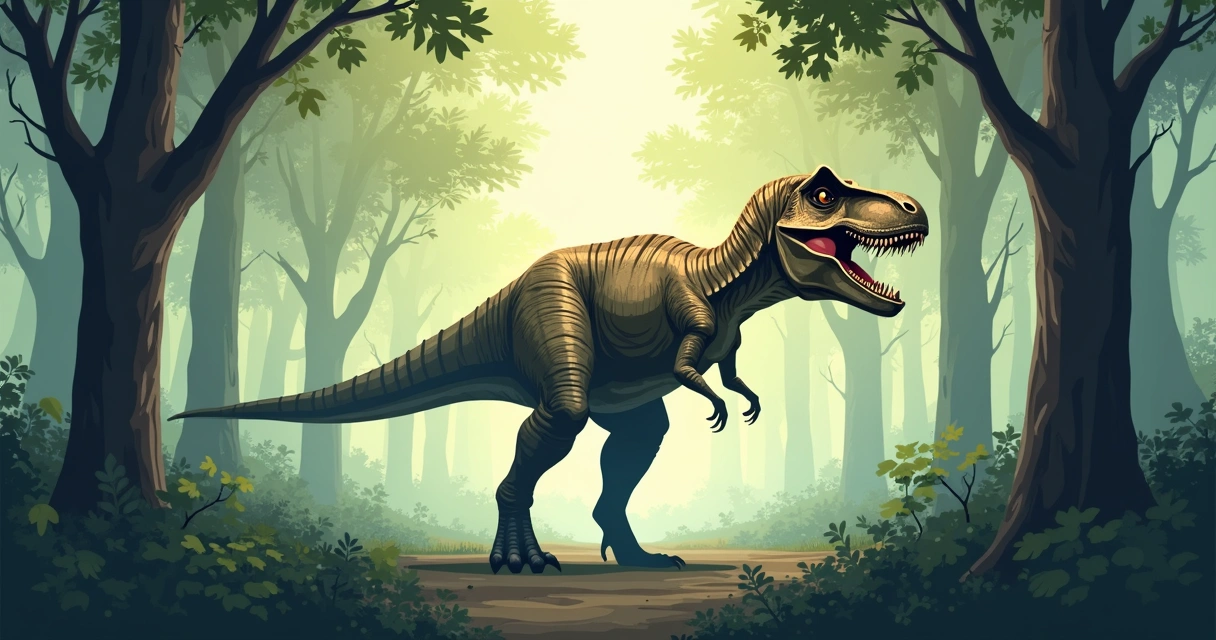 Tiranossauro Rex caminhando por floresta densa 