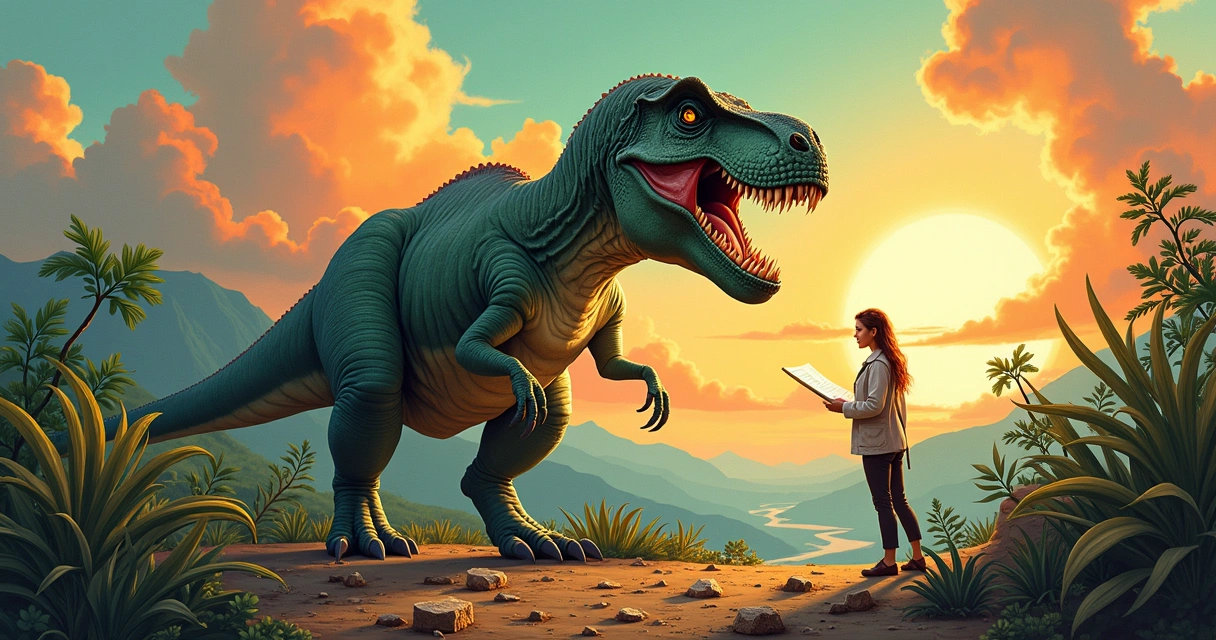 Ilustração de um Tiranossauro Rex em um ambiente pré-histórico, com paleontóloga examinando fósseis ao fundo.