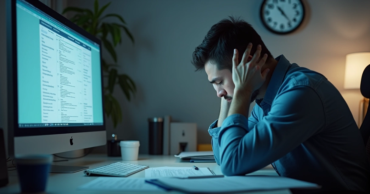 Person sitting at a desk with head resting on hand, looking tired amid paperwork 