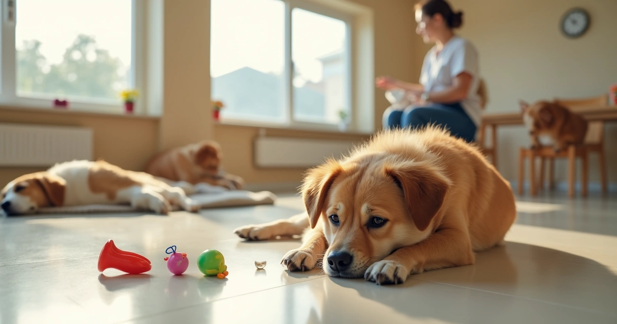 Tired dog lying down in a spacious indoor daycare area with toys scattered around