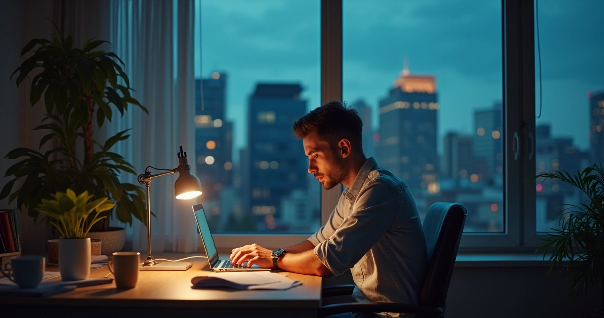 Tired employee working overtime at laptop 