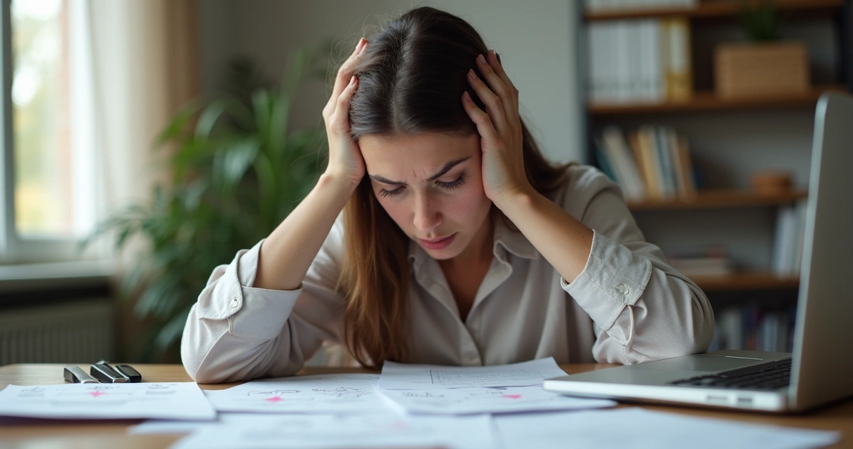 Woman looking tired and overwhelmed at her desk 