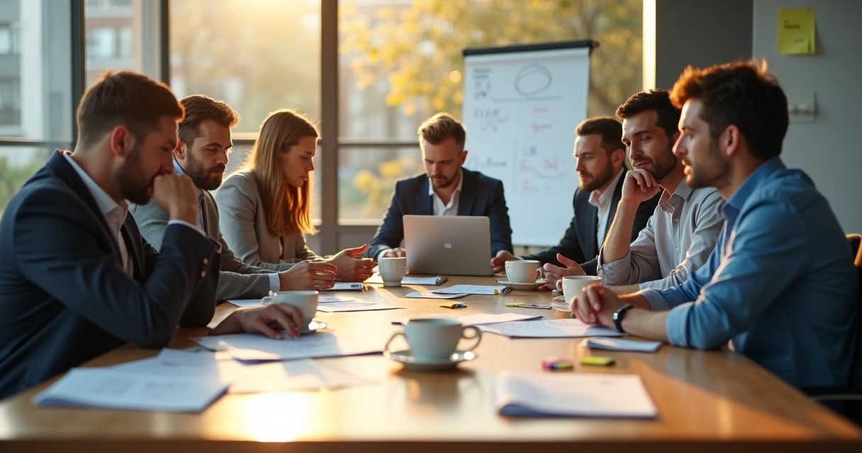 People in a meeting room showing signs of fatigue during a group discussion 