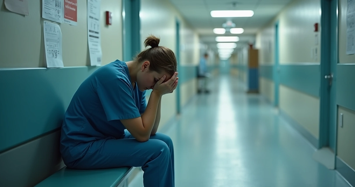 Nurse sitting on hospital corridor bench, looking exhausted