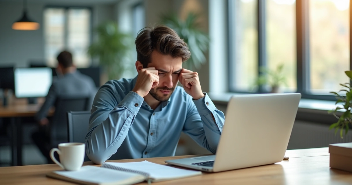 Office worker rubbing eyes at desk in morning light 