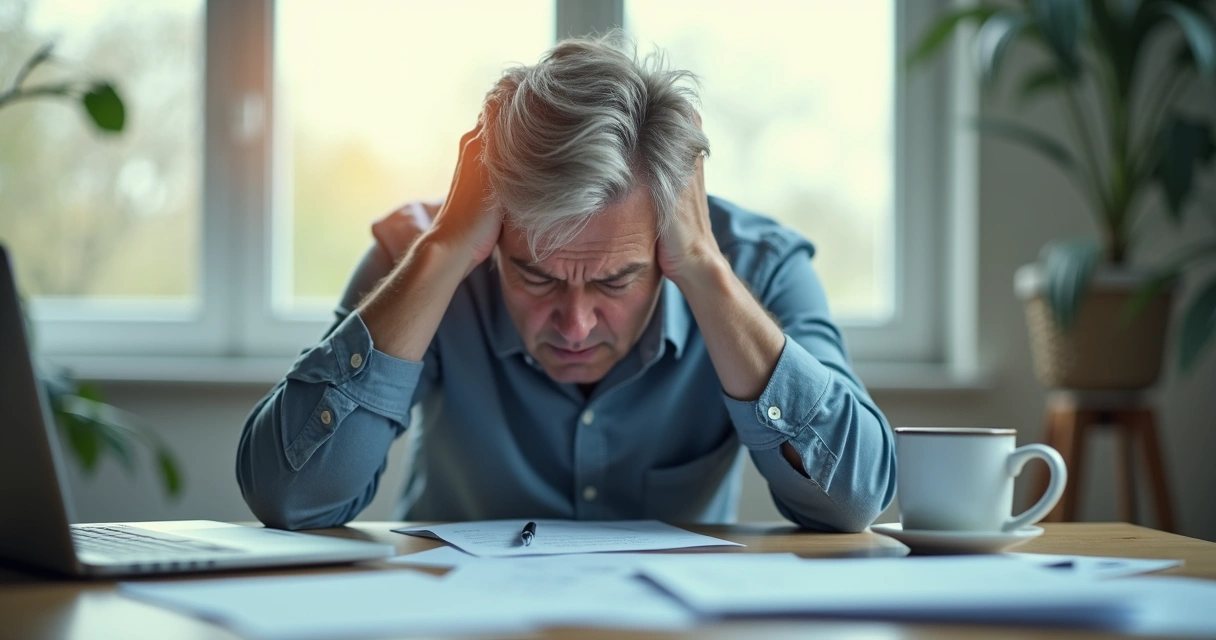 Person sitting at a desk with head in hands, papers scattered