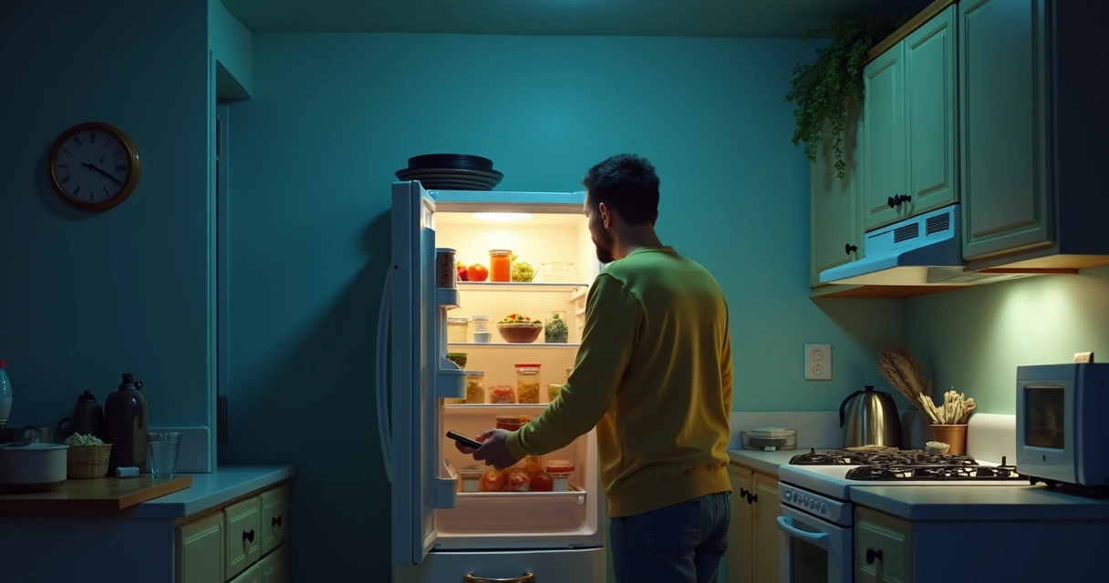 Person staring at food choices in a dim kitchen