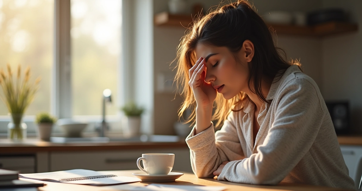 Person in pajamas rubbing eyes at kitchen table with coffee cup