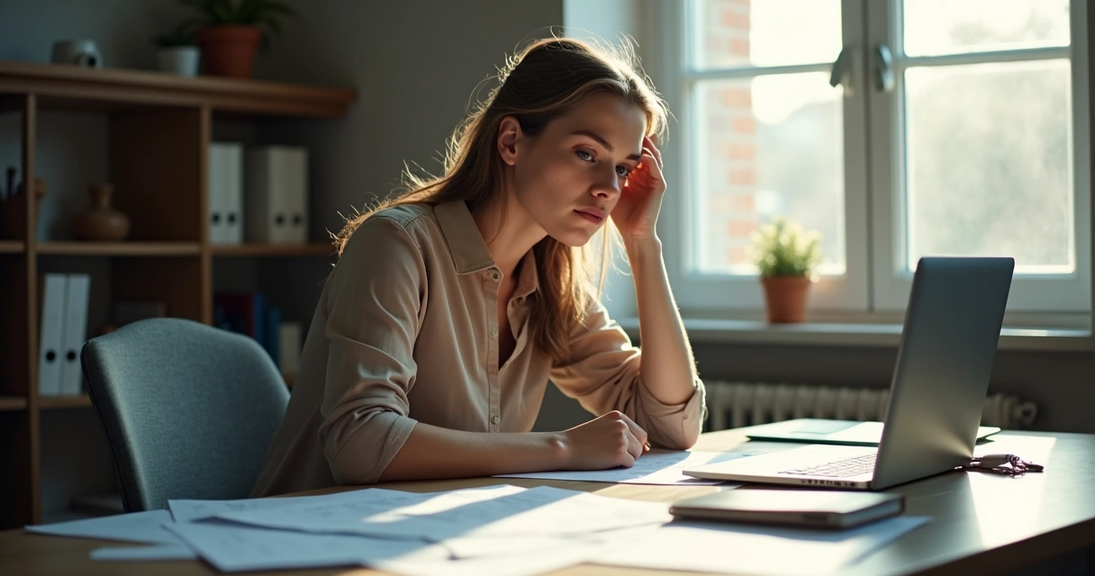 Woman sitting at a desk looking mentally fatigued