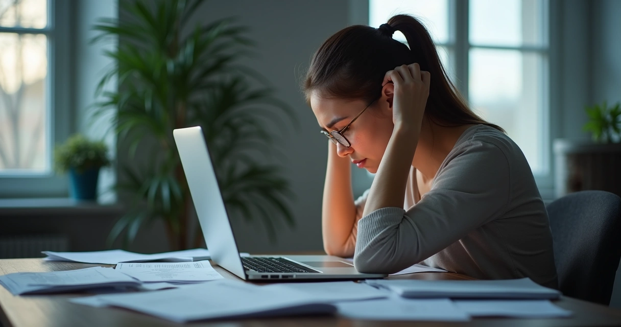 Overwhelmed woman looking at laptop and holding head with paperwork around 