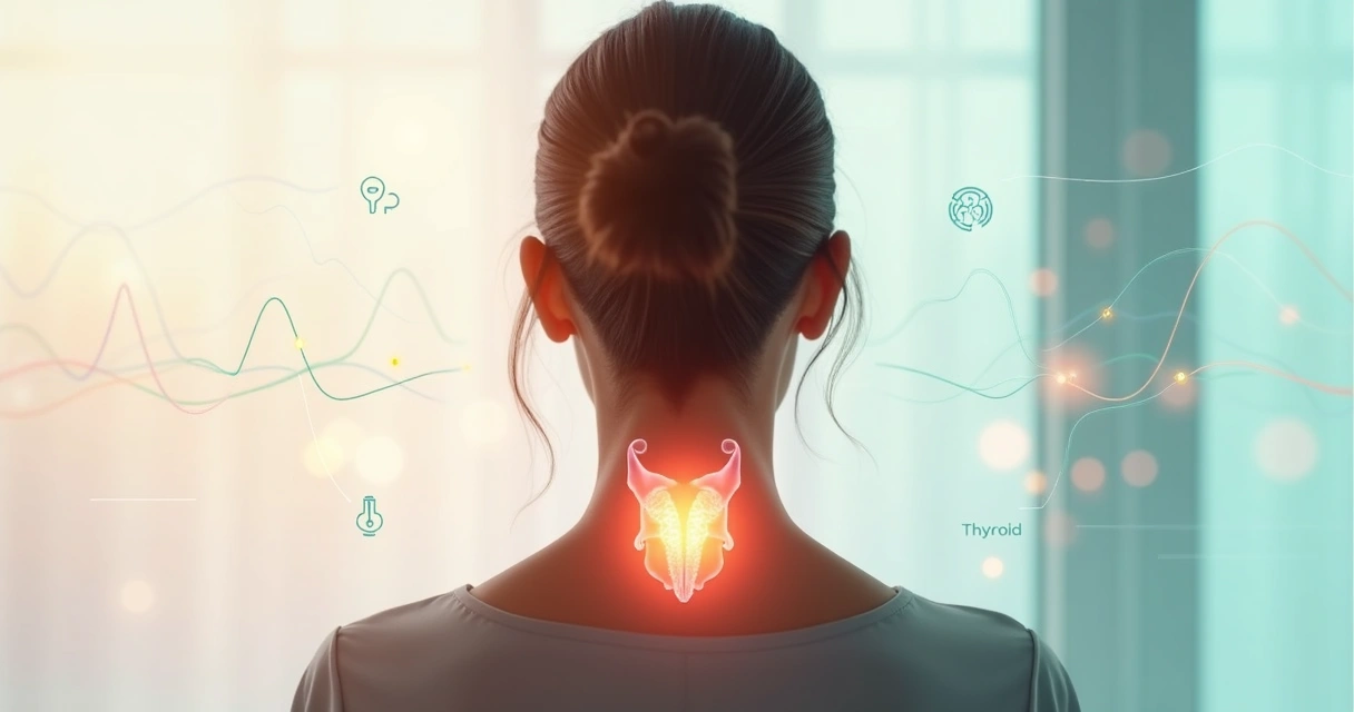 Colagem ilustrando relação entre tireoide e menopausa com corpo feminino e glândula em destaque 