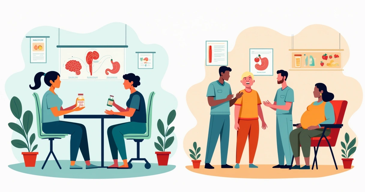Comparação visual entre Tirzepatida e cirurgia bariátrica, com pacientes em interações médicas positivas.