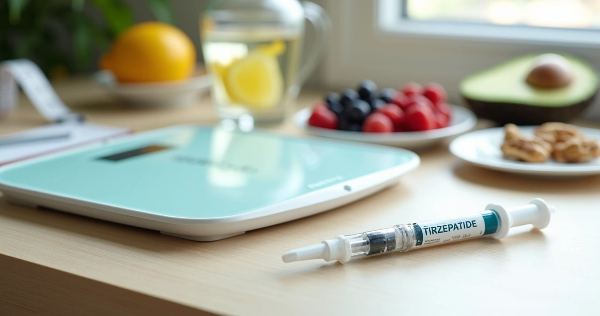 Tirzepatide injection pen beside healthy foods and weight scale. 
