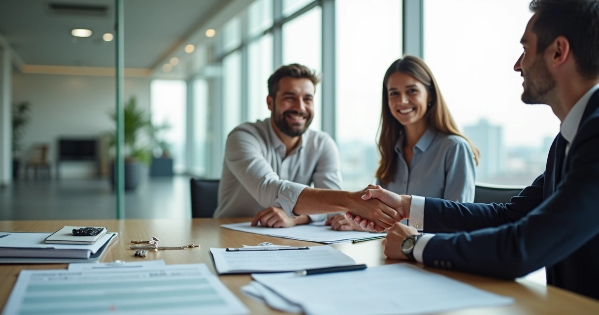 A happy couple closing a property deal at a conference table 