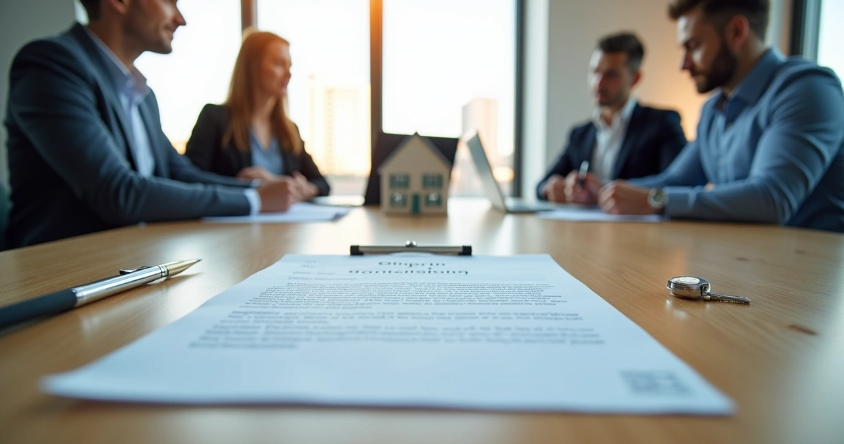 Real estate closing table with buyer, seller, and title company agent reviewing documents 