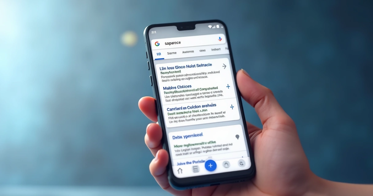 Celular mostrando resultados de busca do Google, destacando títulos alternativos em destaque no topo de uma página 