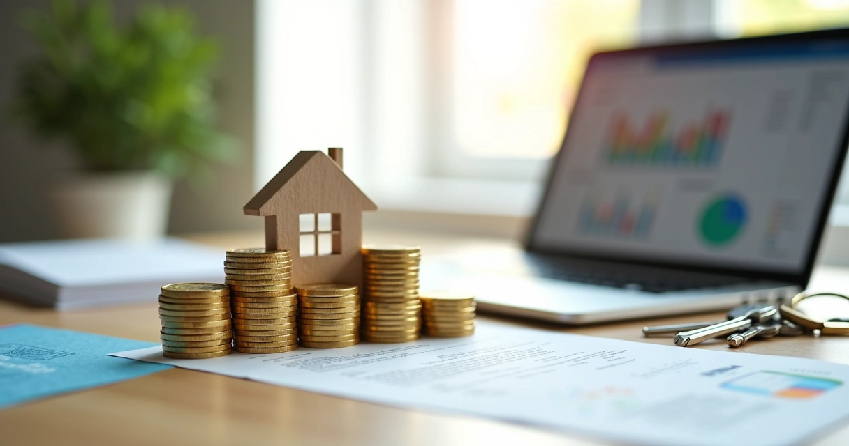 Pilhas de moedas formando uma casa em contraste com chaves e contrato de aluguel 
