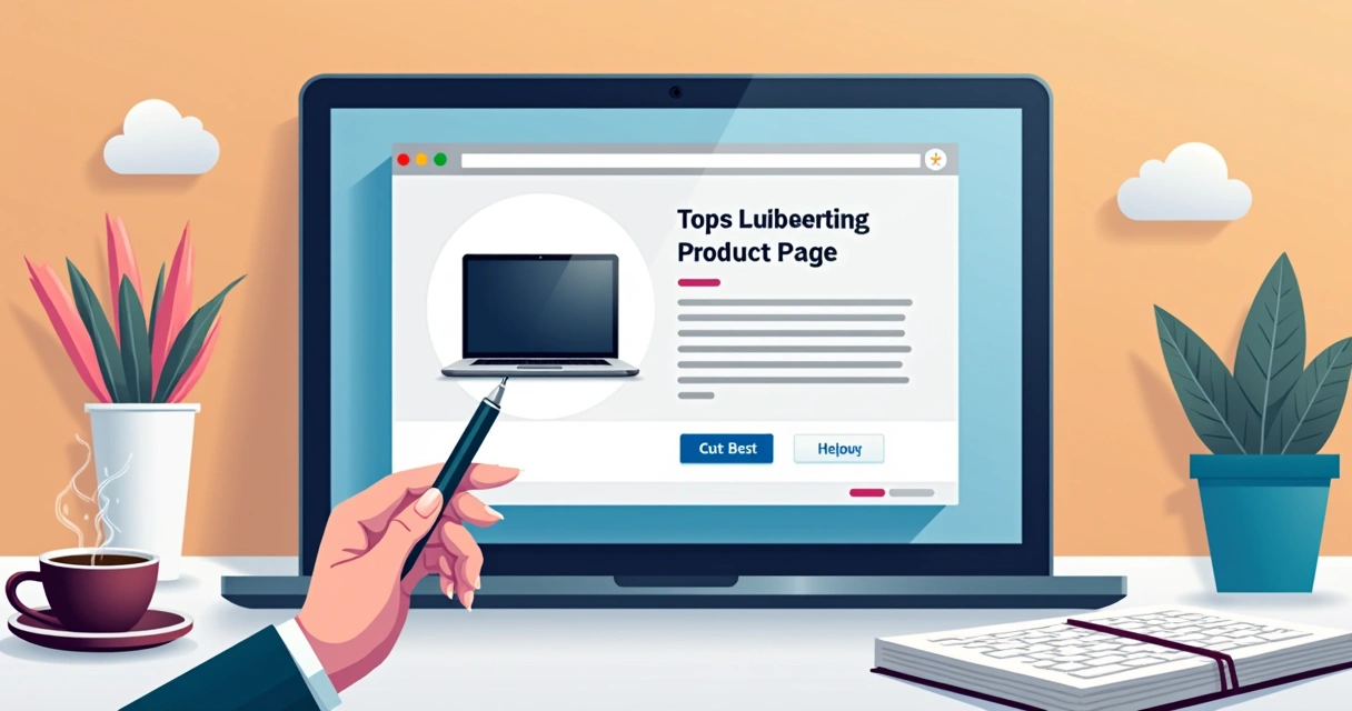 Título de página persuasivo e descrição detalhada ao lado de um notebook 