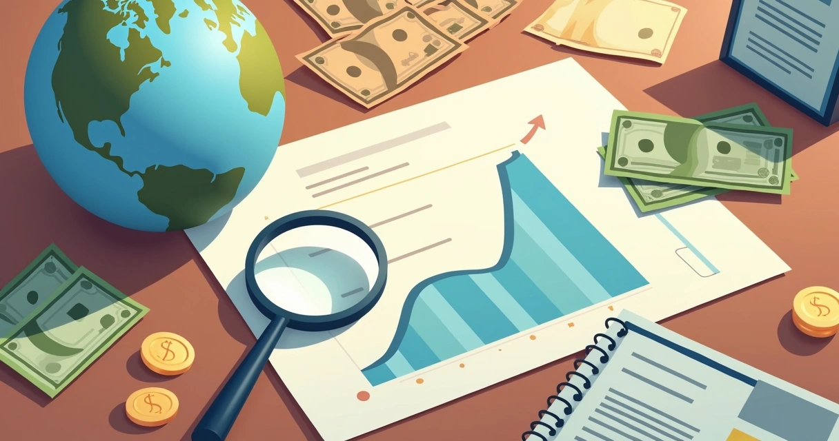 Títulos de renda fixa global representados por gráfico e moedas estrangeiras na mesa 