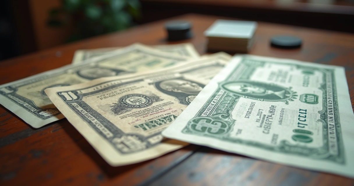Vários papéis de títulos e cartas de baralho sobre mesa 