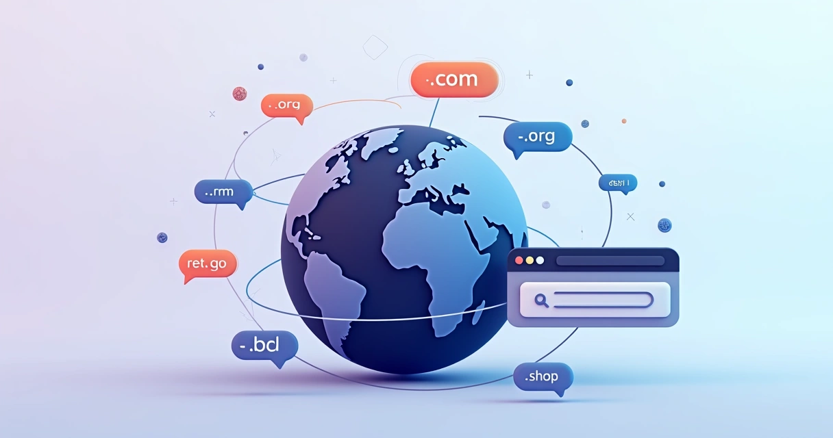 Conceito visual de TLD com planeta central cercado por extensões de domínio variadas 