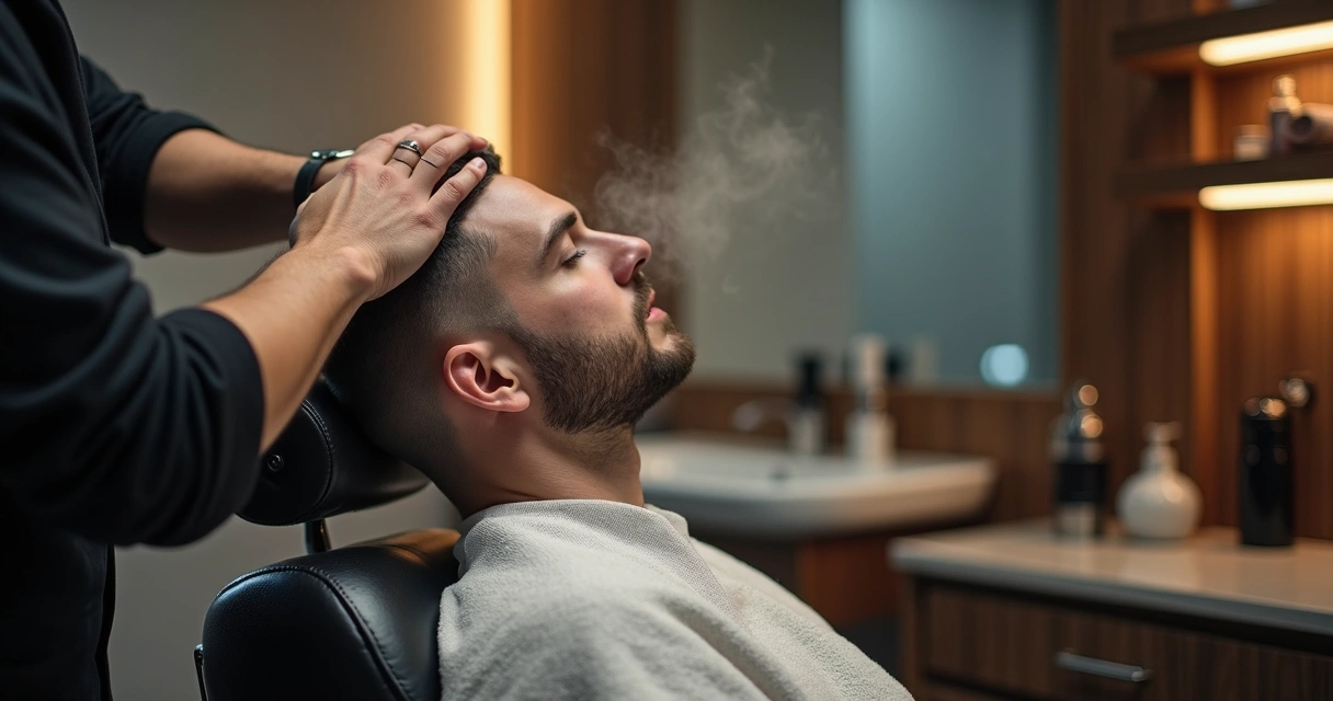 Barbeiro aplicando toalha quente no rosto de cliente sentado 