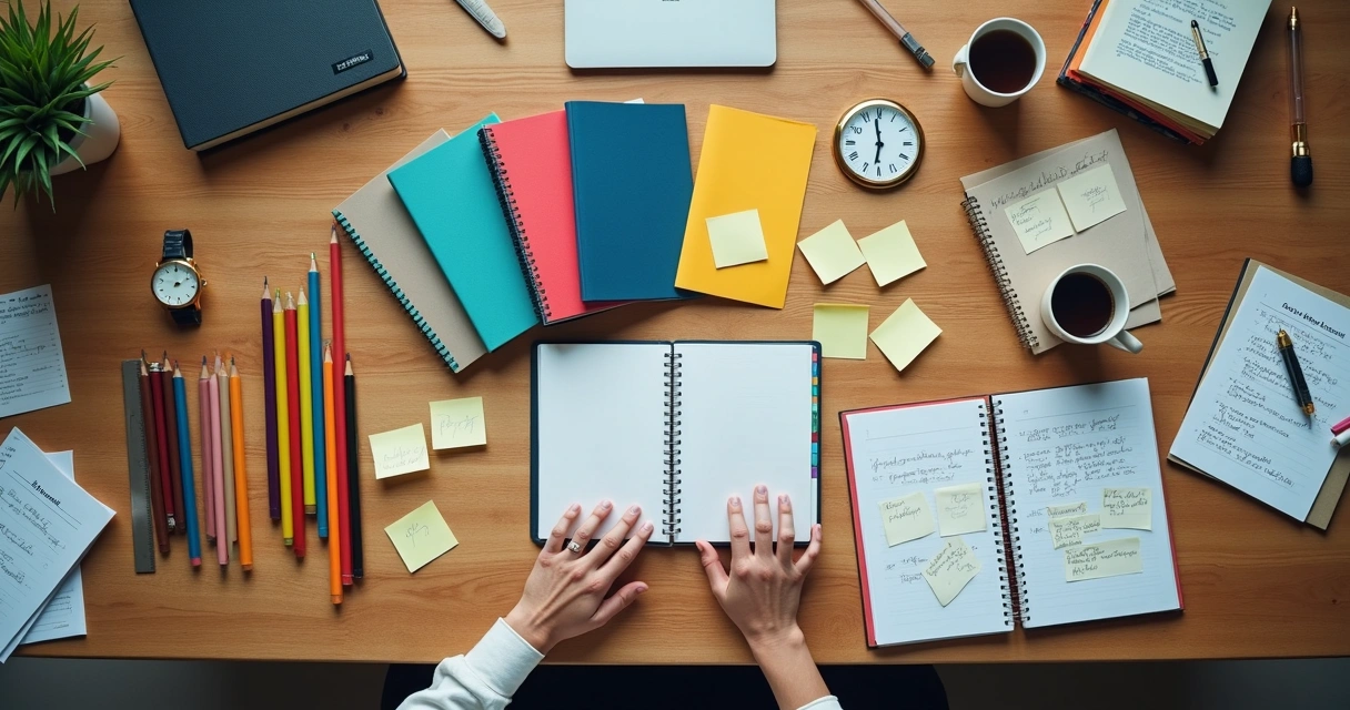 Pessoa organizando objetos em mesa dividida entre ordem extrema e bagunça 