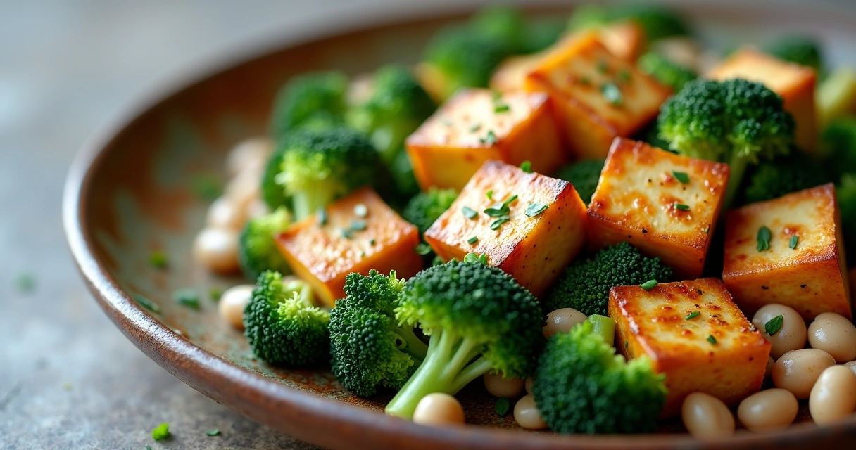 Tofu grelhado com brócolis, couve e feijão branco sobre prato de cerâmica