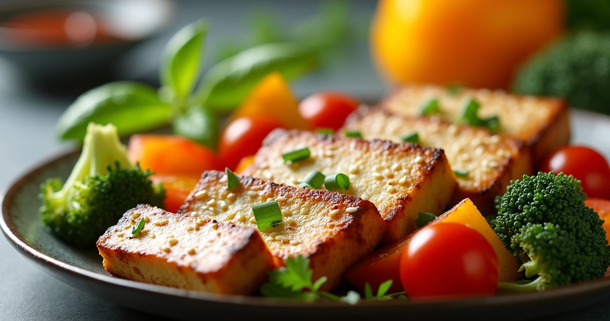 Tofu grelhado com legumes coloridos
