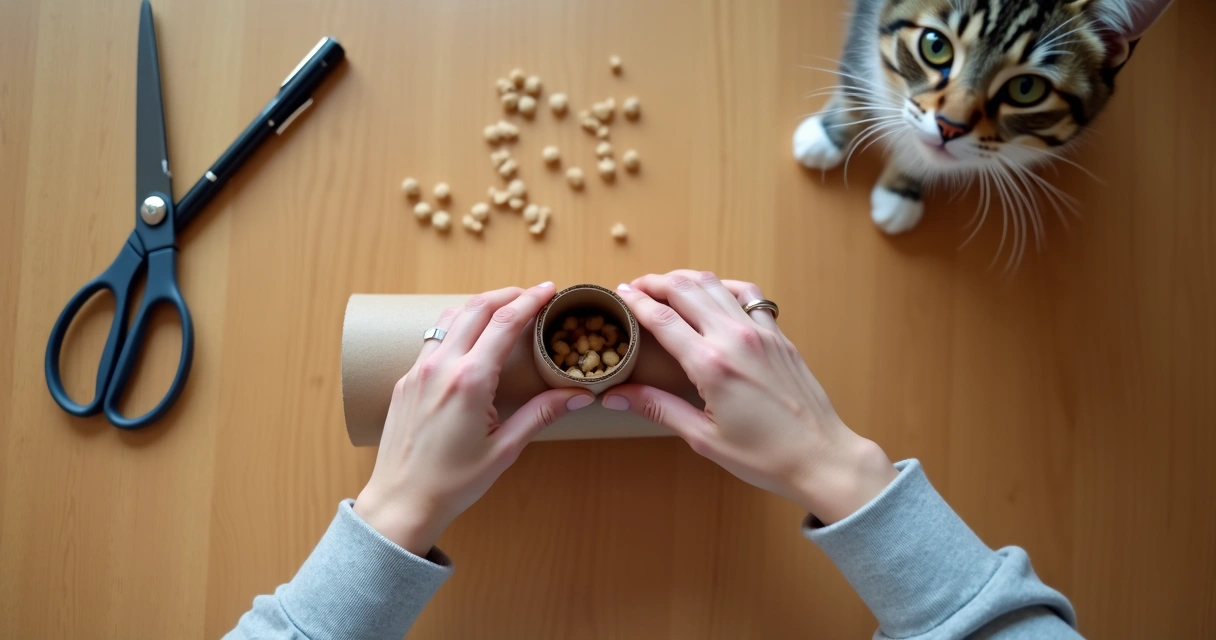 Hands make a toilet roll cat puzzle feeder. 