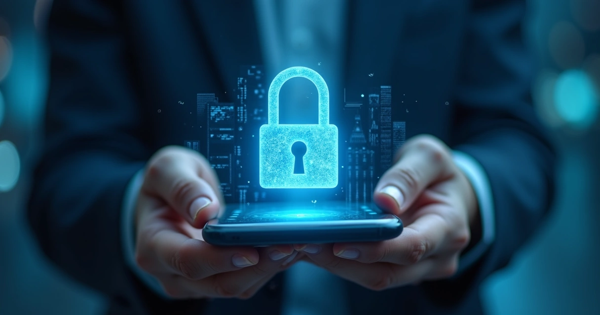 Ilustração de um ícone de cadeado digital colorido centralizado em tela de smartphone, representando criptografia de mensagens. 