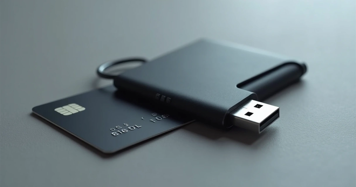 Token USB e smartcard lado a lado em um fundo neutro