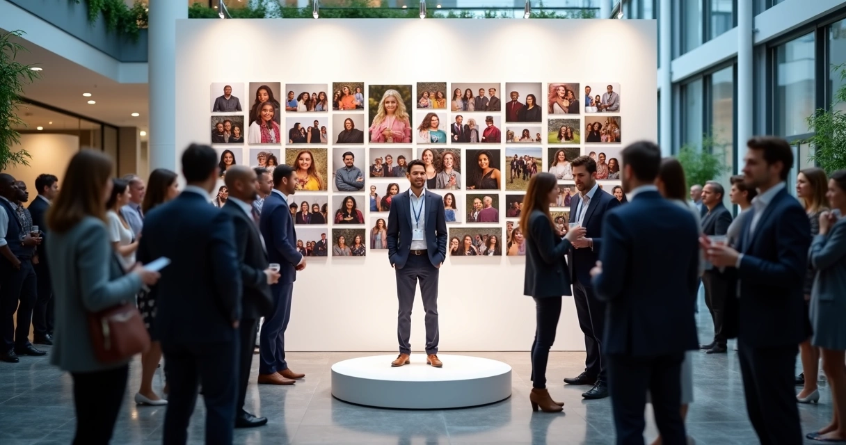 Diversity wall with one person in spotlight amid muted crowd at corporate event 