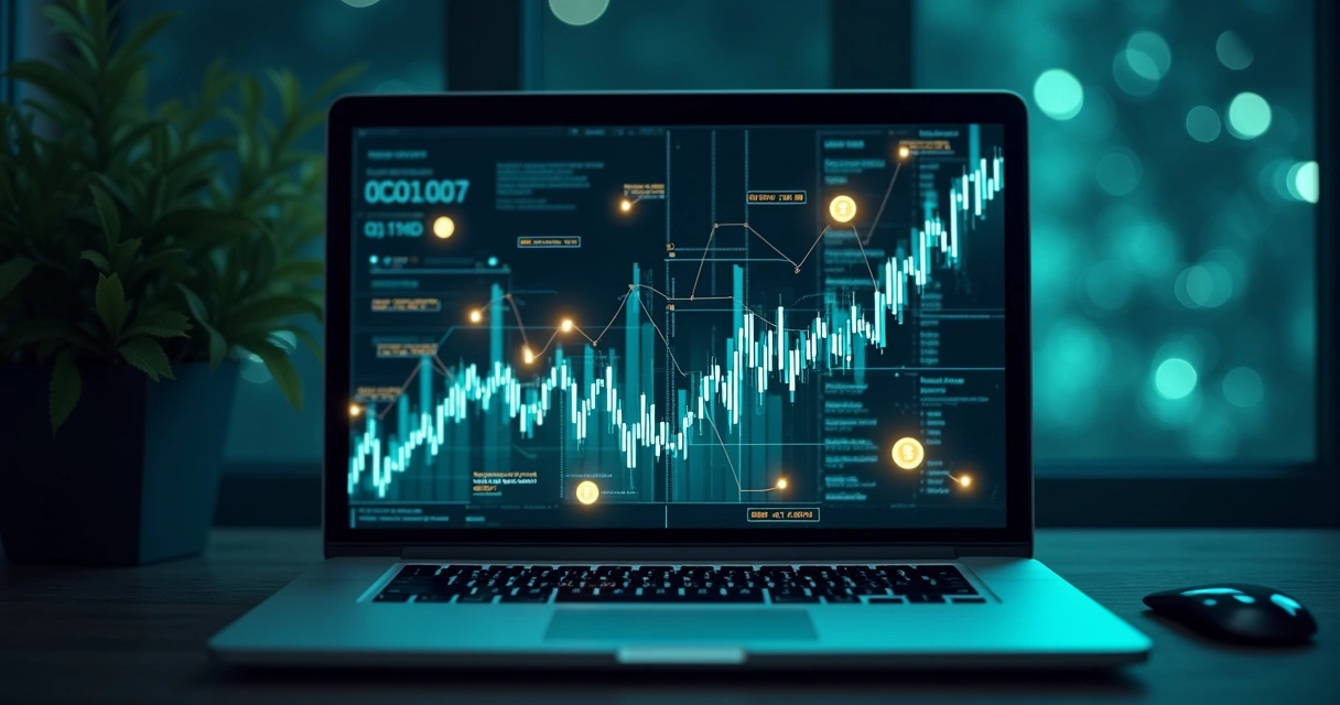 Computador com gráficos financeiros digitais e representações de tokens flutuando em ambiente tecnológico escuro 