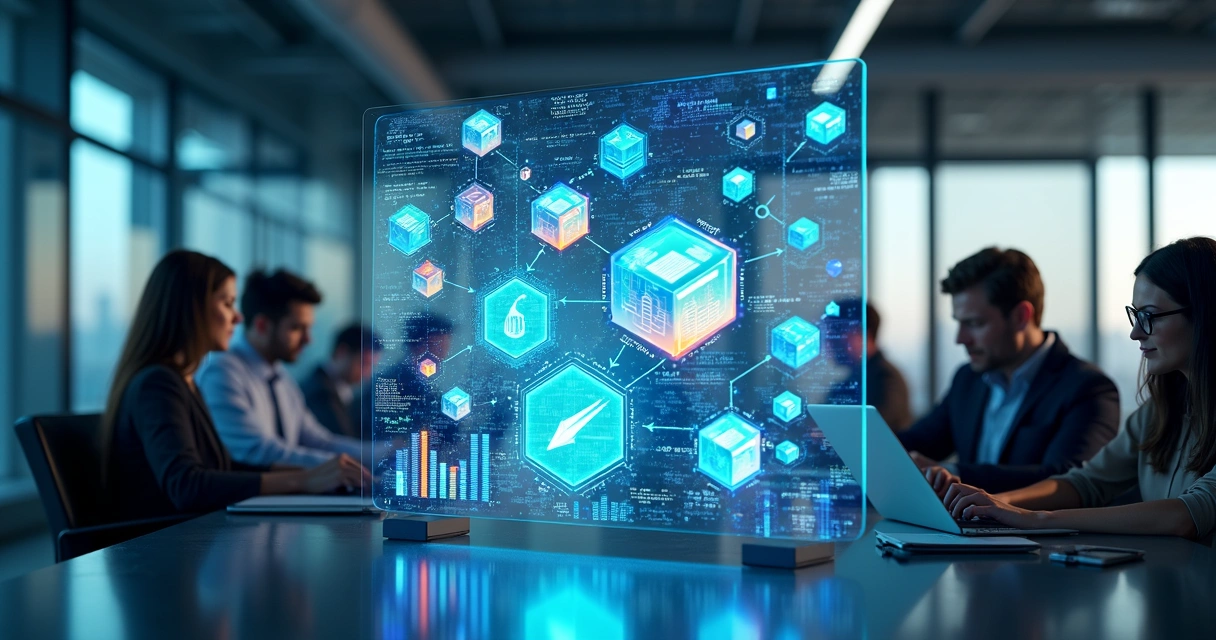 Representação digital de tokenização de ativos com gráficos financeiros e elementos tecnológicos em escritório moderno 