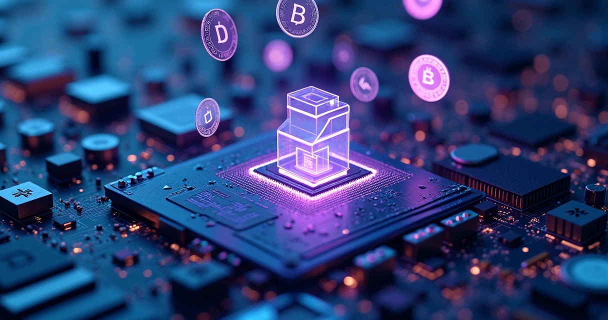 Representação visual da tokenização na blockchain com elementos digitais flutuando sobre chips eletrônicos 