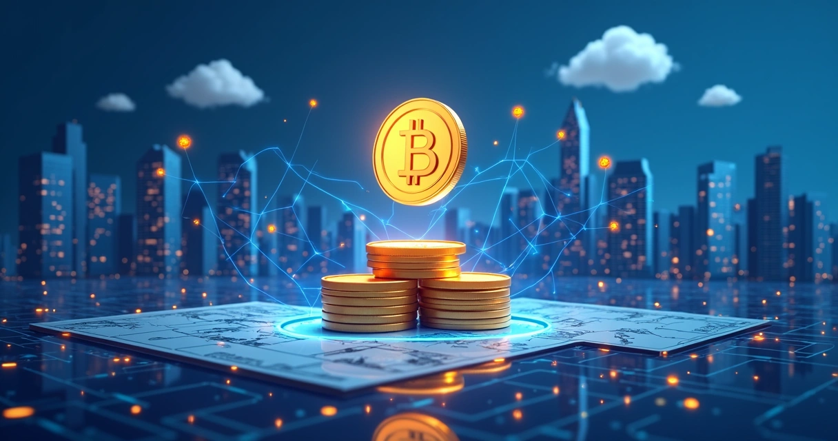 Token digital paira sobre tabelas financeiras, gráficos e prédios corporativos. 