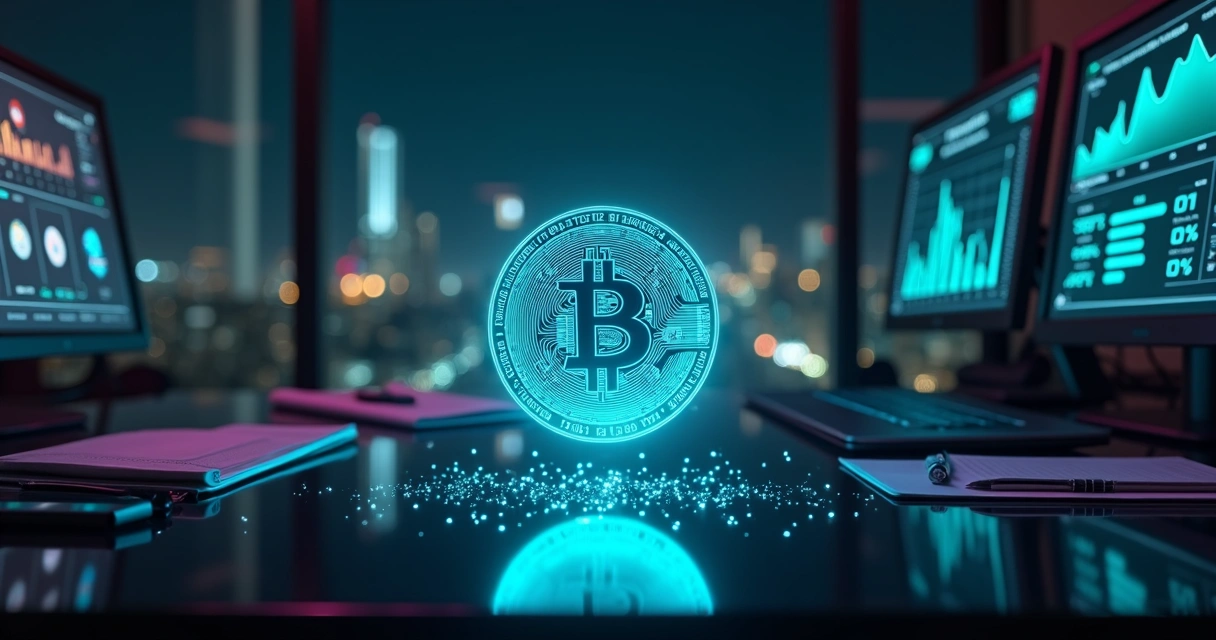 Moeda digital holográfica dividida em frações sobre gráfico de valuation 