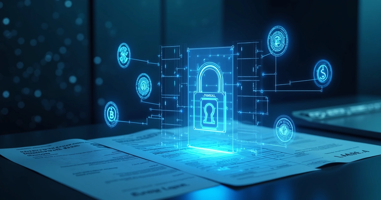 Representação digital da tokenização da folha de pagamento com ícones de criptomoedas, cadeado de segurança e documentos financeiros em fundo tecnológico 