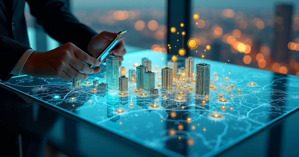 Mapa digital de Campinas com prédios sendo fracionados em tokens dourados 