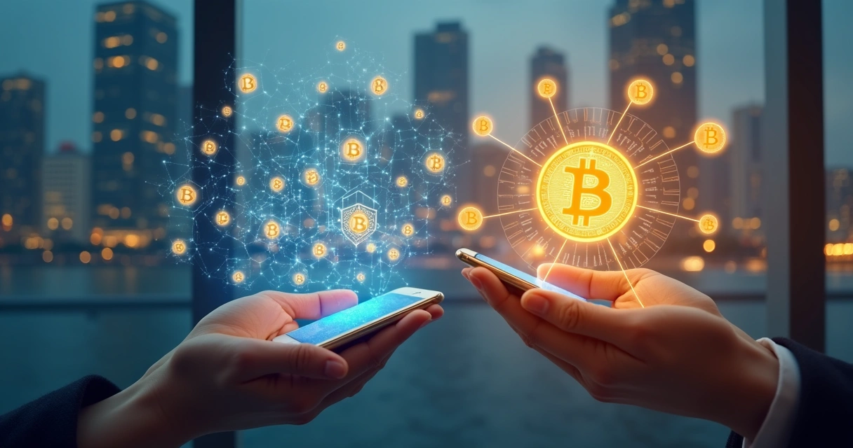 Ilustração de um imóvel sendo dividido em tokens digitais conectados por uma rede blockchain