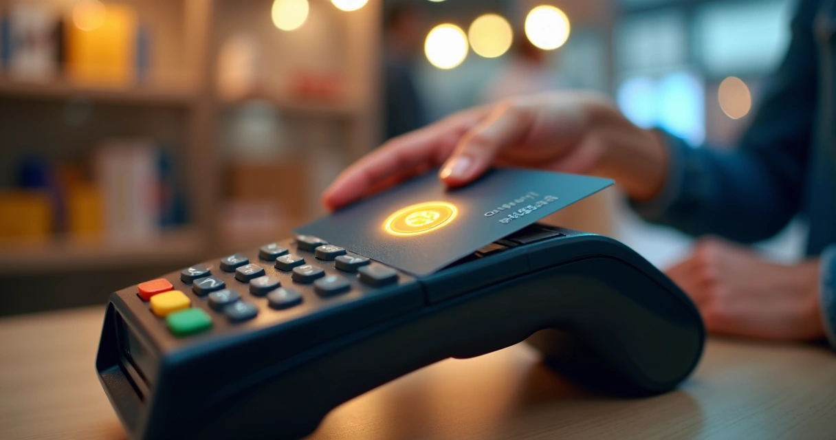 Cartão de pagamento digital com símbolo de tokenização sendo utilizado em terminal de pagamento no varejo 
