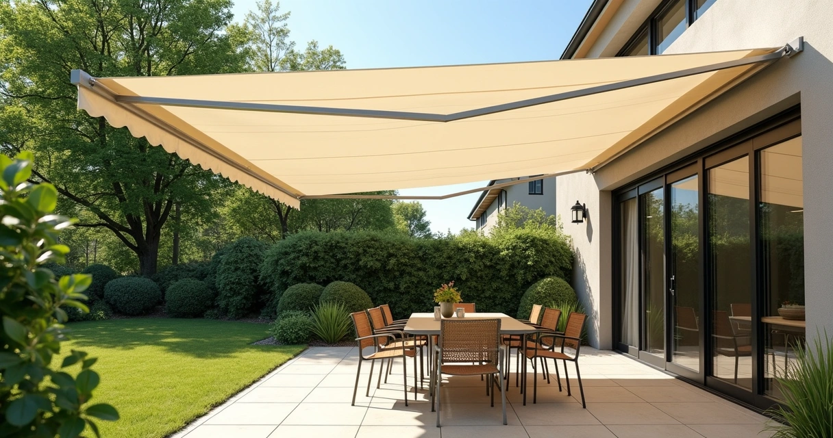 Toldo claro cobrindo área externa com jardim verde 