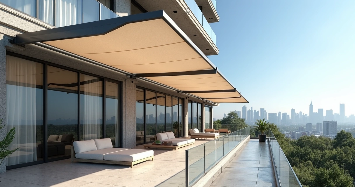 Toldos horizontais aberto em varanda de edifício moderno 