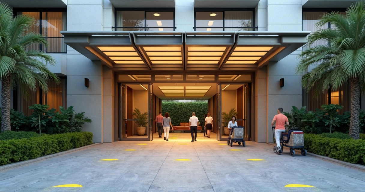 Entrada de hotel moderna com toldo e acesso acessível 