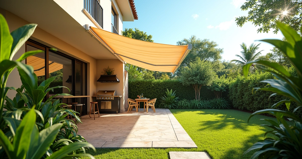 Toldo instalado sobre churrasqueira em jardim residencial 
