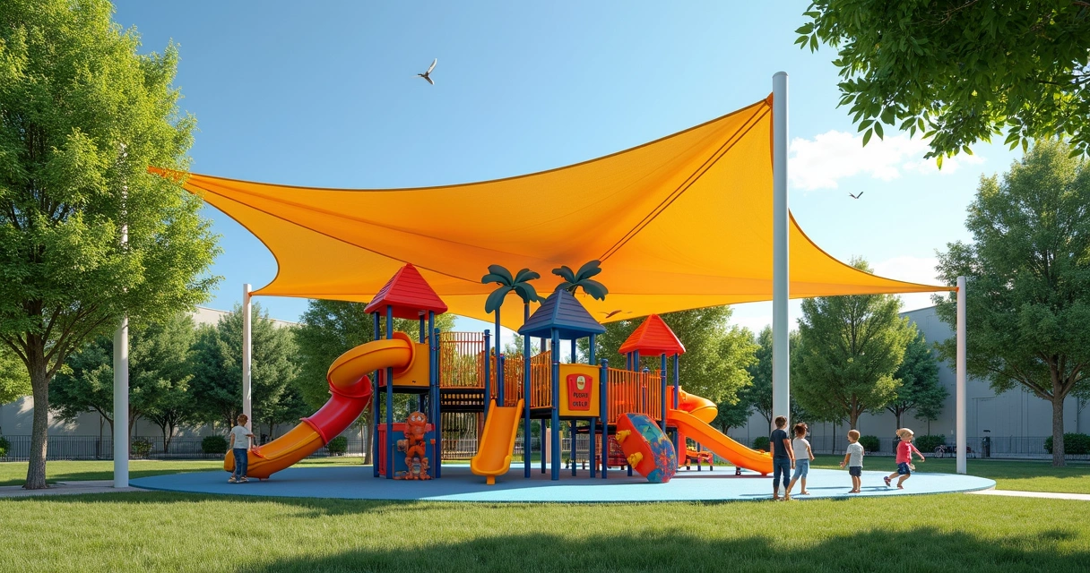 Toldo colorido cobrindo playground infantil com crianças brincando 