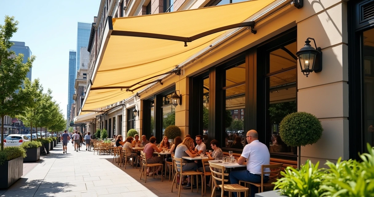 Toldos para restaurantes grandes de tecido instalado em restaurante com clientes sentados ao ar livre 